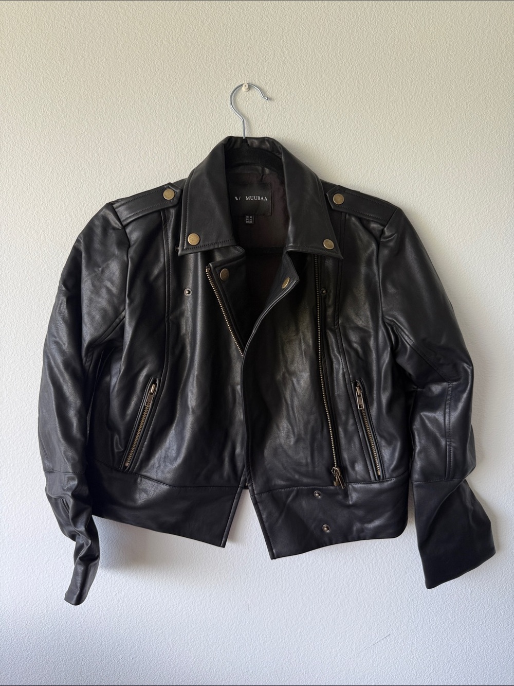 Muubaa Black Leather Biker Jacket with Gold Hardware